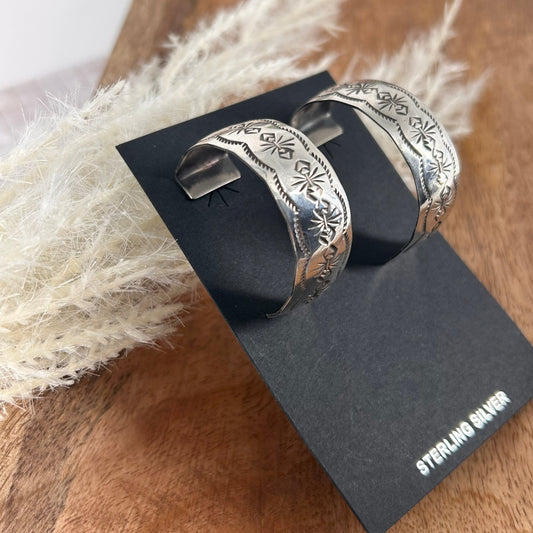 Navajo Sterling Silver Stamped 1.5 inch Hoop Earrings - Chimney Butte - Turquoise Sunset!