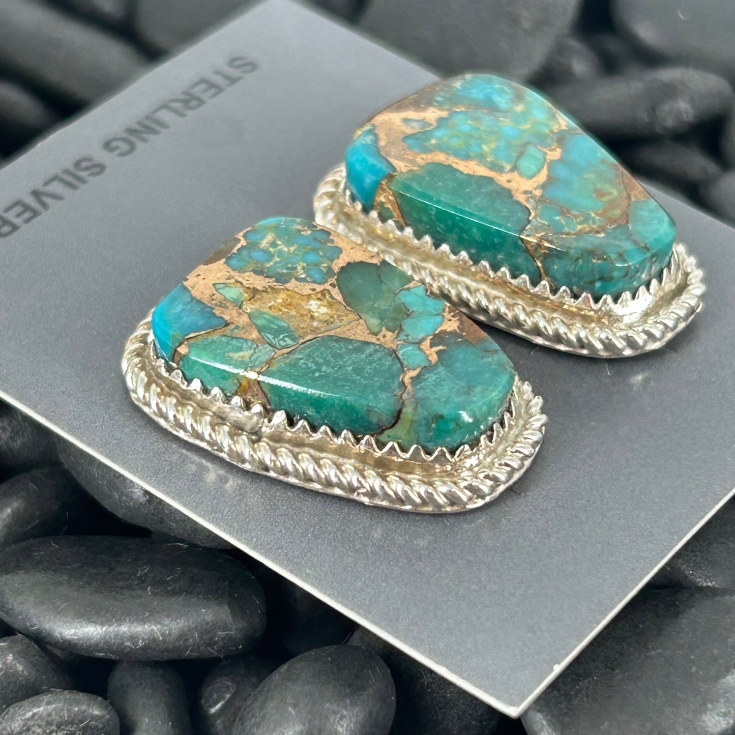 Navajo Sterling Kingman Turquoise & Gold Fill Braided Rope Trim Earrings - Earrings - Gabby - Turquoise Sunset!