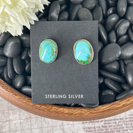 Navajo Sterling Sonoran Gold Turquoise Oval Shaped Earrings - Marcella James - Turquoise Sunset!