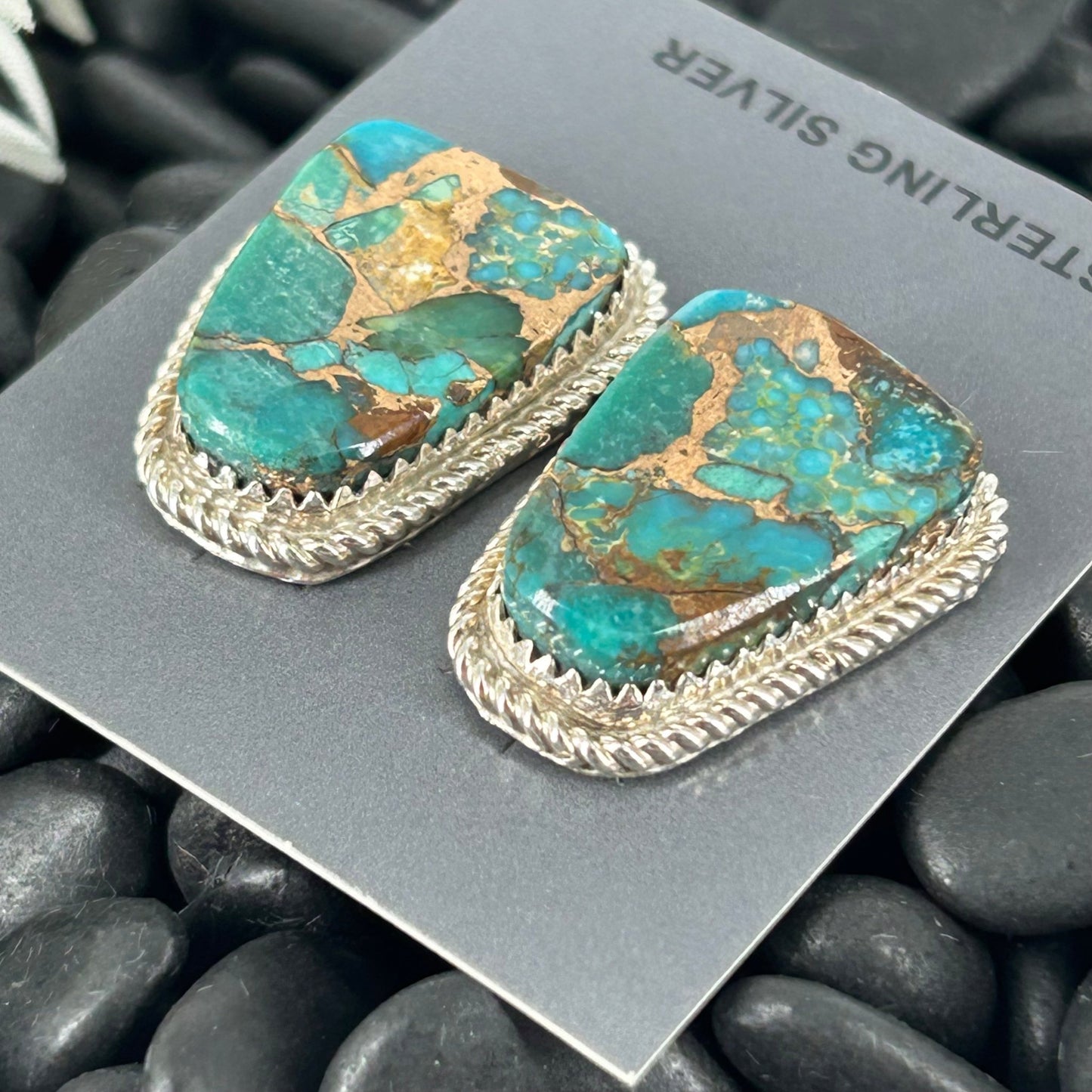 Navajo Sterling Kingman Turquoise & Gold Fill Braided Rope Trim Earrings - Earrings - Gabby - Turquoise Sunset!