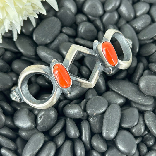 Navajo Sterling Silver Red Coral Cuff Bracelet - Chimney Butte - Turquoise Sunset!