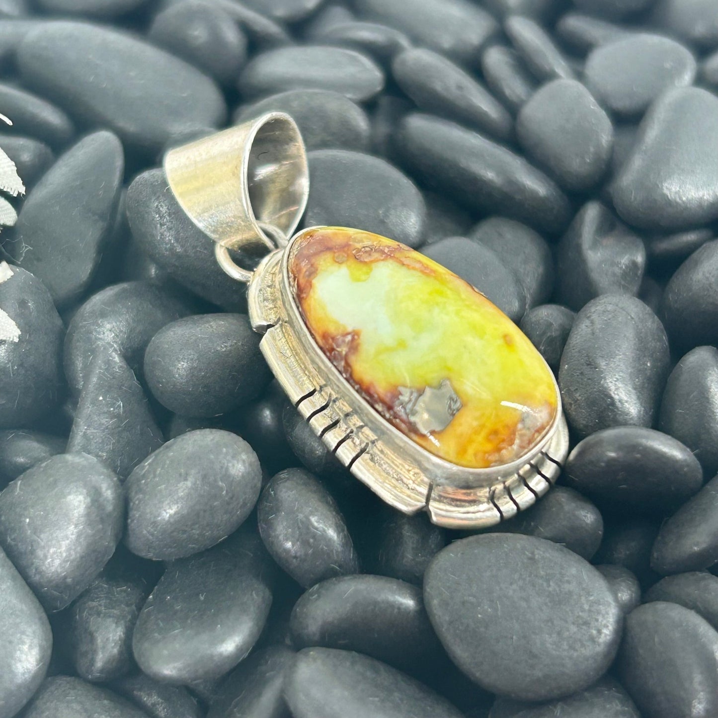 Navajo Sterling Silver Egg Shaped Palomino Variscite Pendant - Pendant - Stamped - Turquoise Sunset!