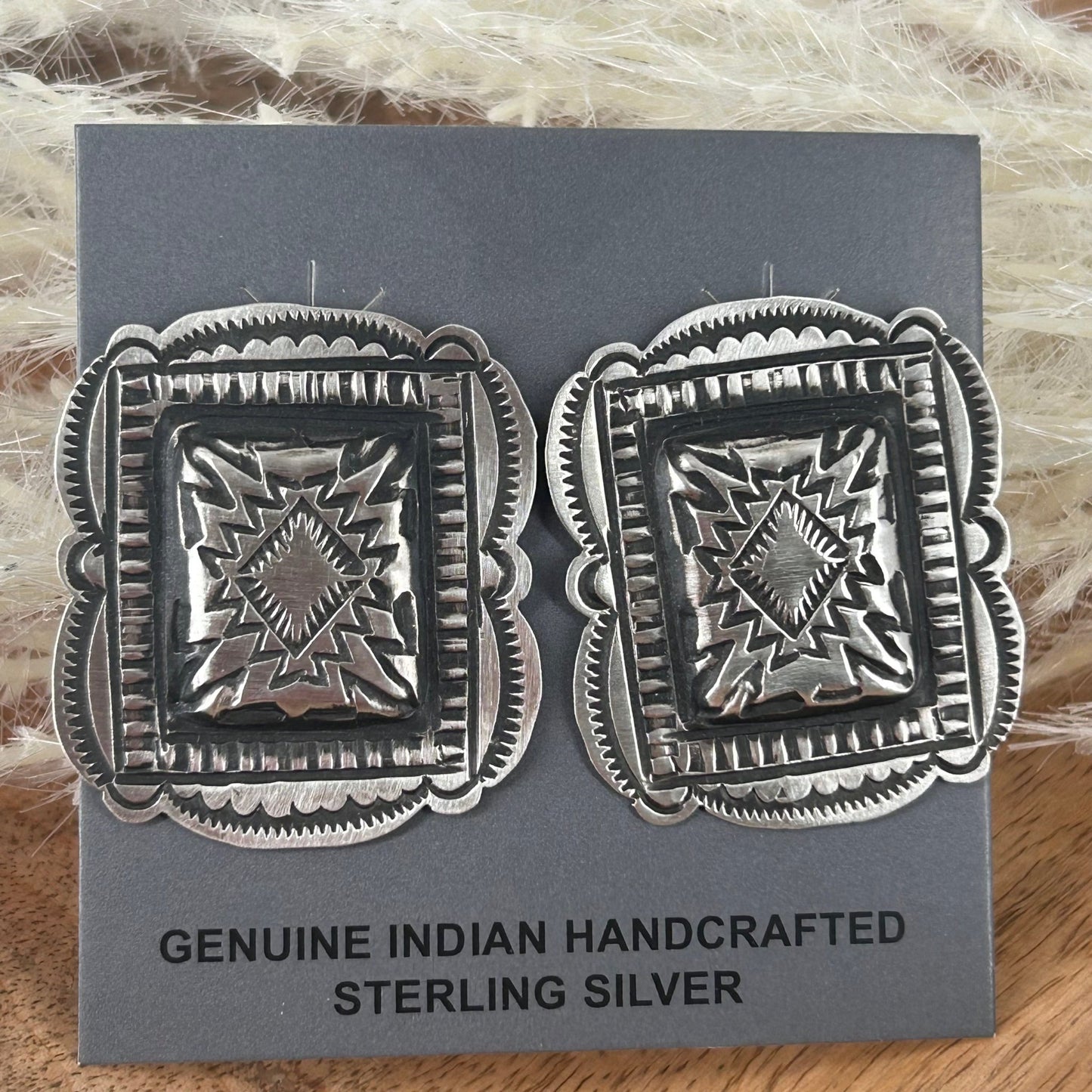 Navajo Sterling Silver Art Deco Stamped Earrings - Leander Tahe - Turquoise Sunset!