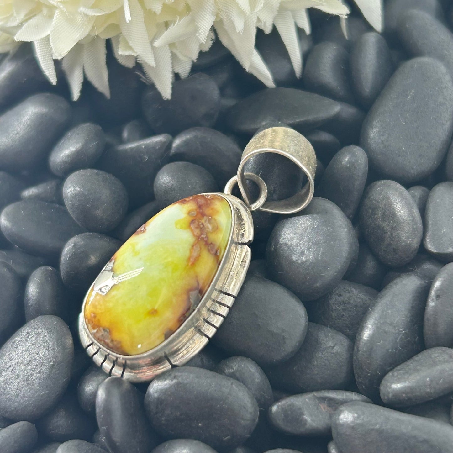 Navajo Sterling Silver Egg Shaped Palomino Variscite Pendant - Pendant - Stamped - Turquoise Sunset!