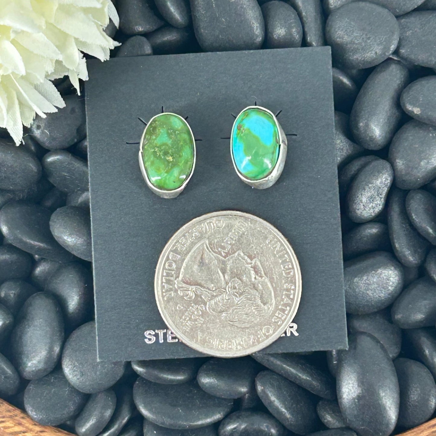 Navajo Sterling Sonoran Gold Turquoise Egg Shaped Earrings - Marcella James - Turquoise Sunset!