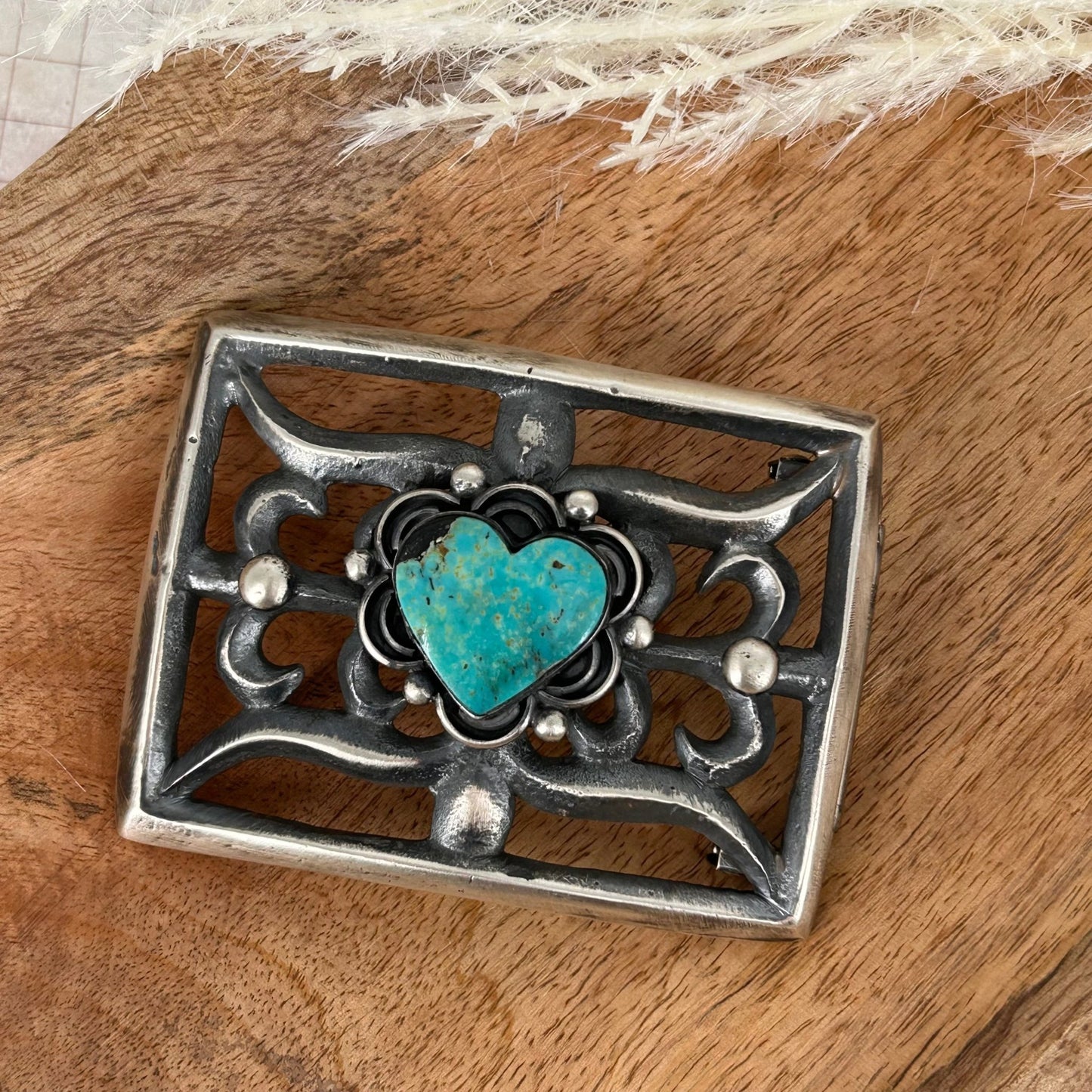 Navajo Sterling Silver Kingman Turquoise Heart Belt Buckle - Belt Buckles - Chimney Butte - Turquoise Sunset!