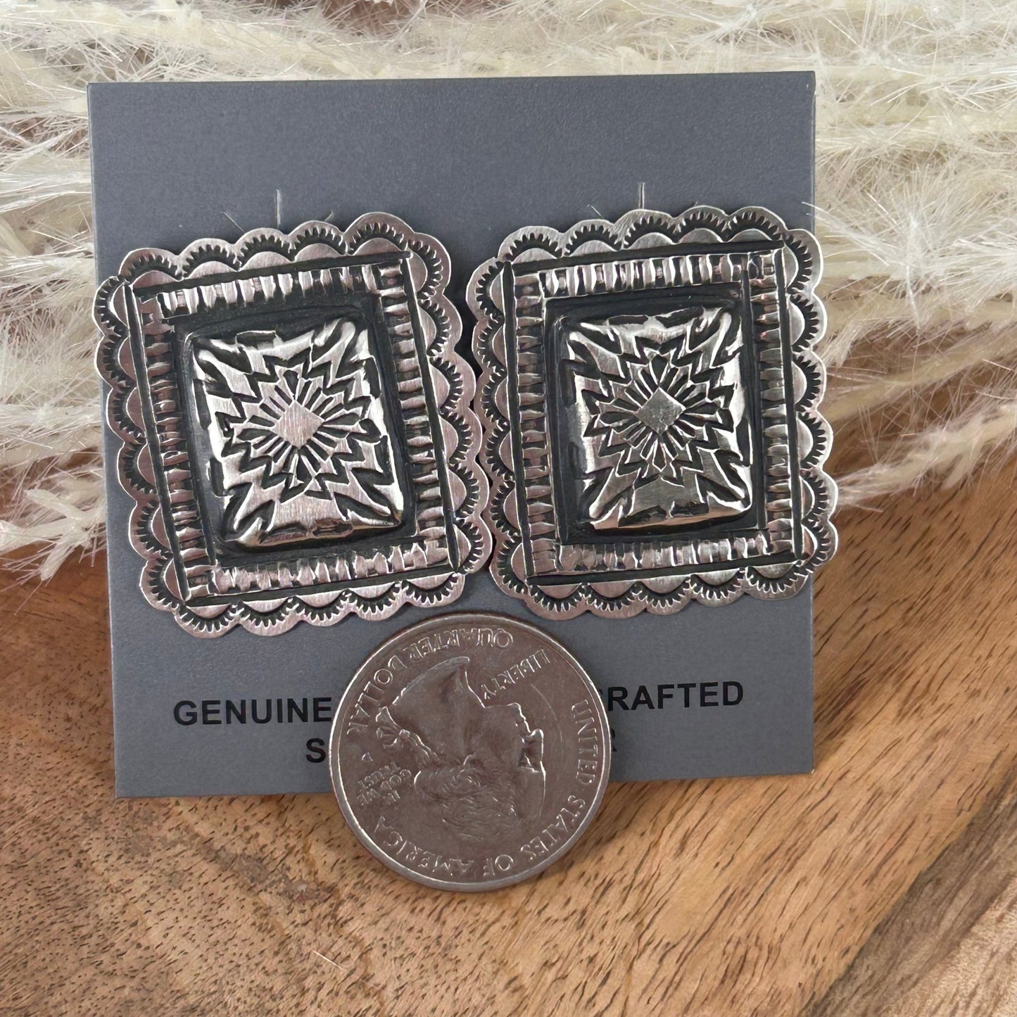 Navajo Sterling Silver Art Deco Stamped Earrings - Leander Tahe - Turquoise Sunset!