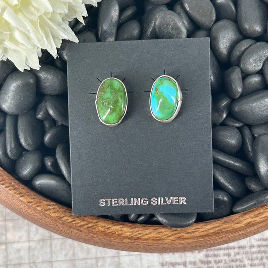 Navajo Sterling Sonoran Gold Turquoise Egg Shaped Earrings - Marcella James - Turquoise Sunset!