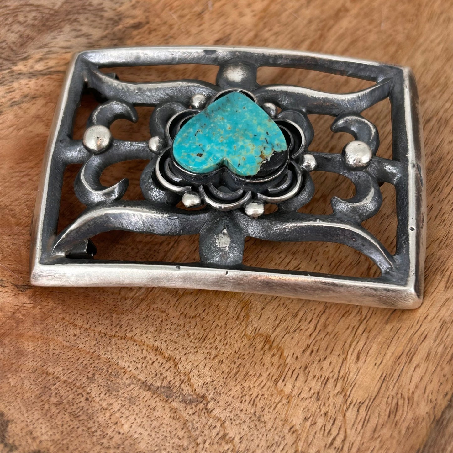 Navajo Sterling Silver Kingman Turquoise Heart Belt Buckle - Belt Buckles - Chimney Butte - Turquoise Sunset!