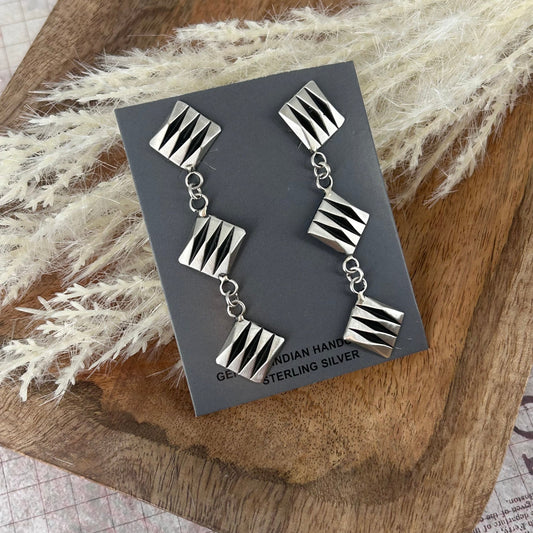 Navajo Sterling Silver Art Deco Stamped Dangle Earrings - Leander Tahe - Turquoise Sunset!