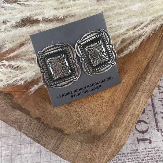 Navajo Sterling Silver Art Deco Stamped Earrings - Leander Tahe - Turquoise Sunset!