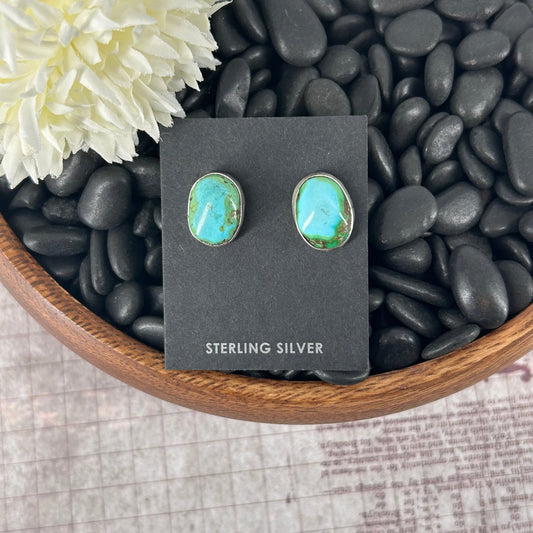 Navajo Sterling Sonoran Gold Turquoise Oval Shaped Earrings - Marcella James - Turquoise Sunset!