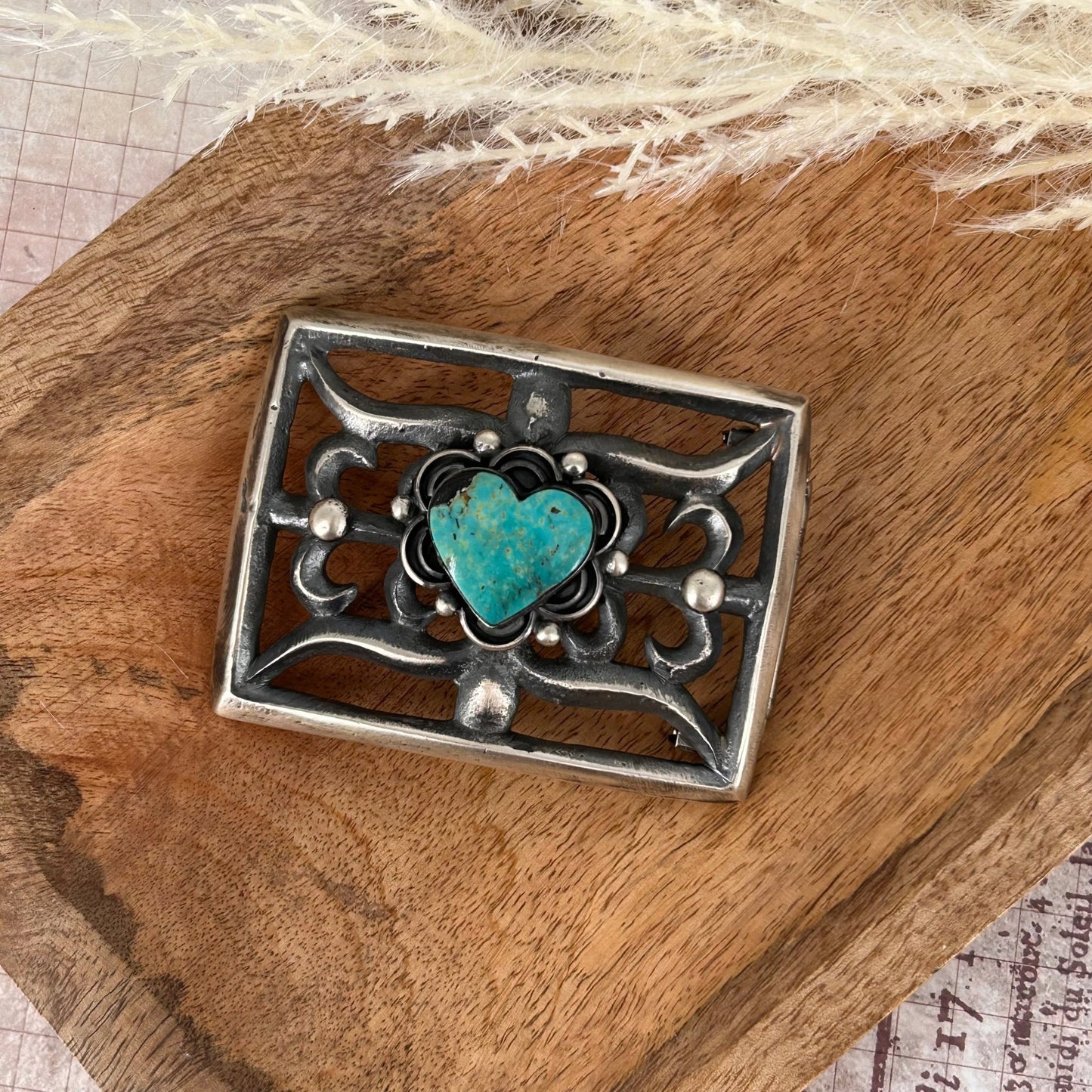 Navajo Sterling Silver Kingman Turquoise Heart Belt Buckle - Belt Buckles - Chimney Butte - Turquoise Sunset!