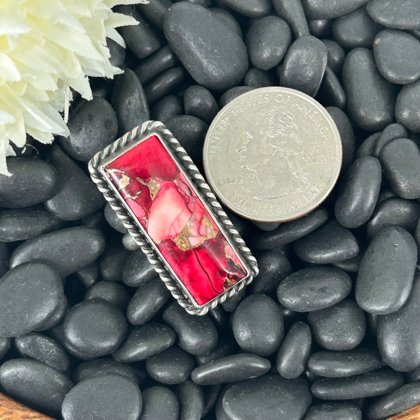 Navajo Sterling Dahlia Rose Bar Braided Rope Trim Ring - Johnny Dixon - Turquoise Sunset!