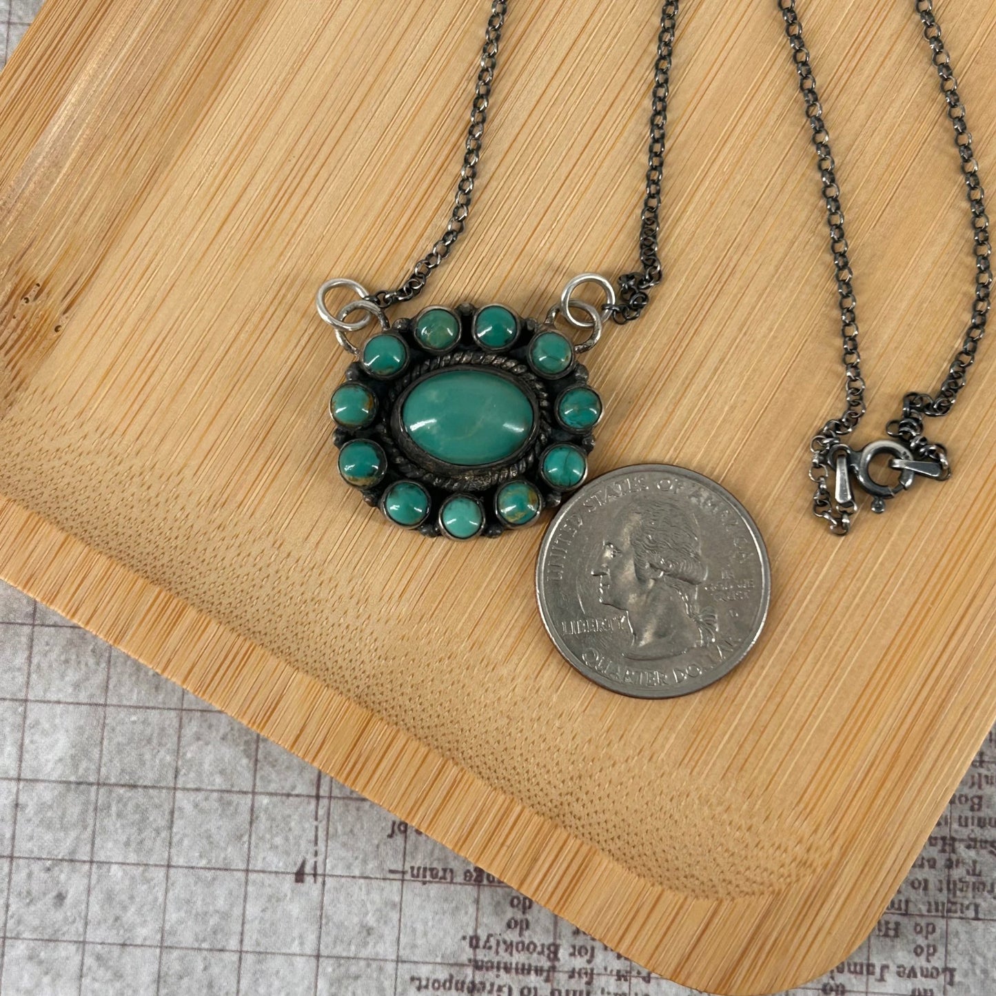 Sterling Silver Kingman Turquoise Green 12 Stone Cluster Necklace - Necklace - Turquoise Sunset!