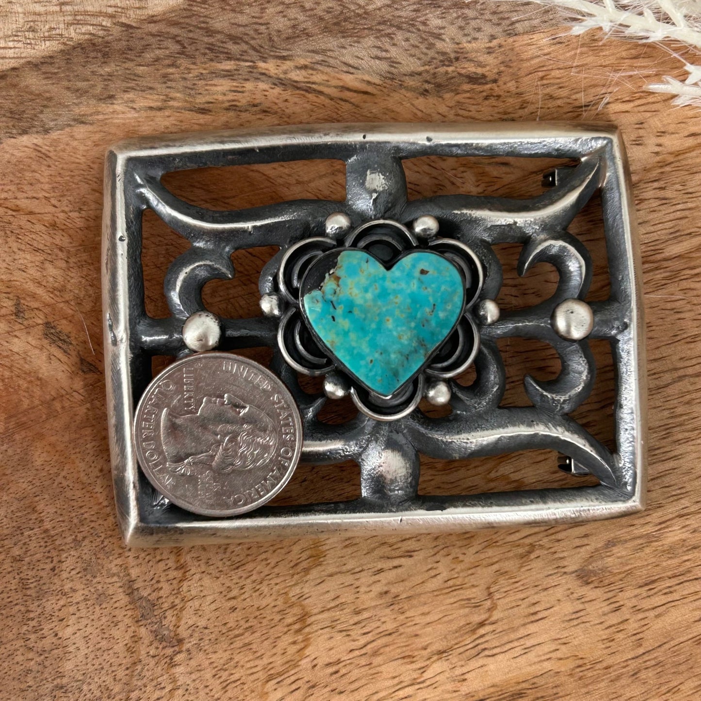 Navajo Sterling Silver Kingman Turquoise Heart Belt Buckle - Belt Buckles - Chimney Butte - Turquoise Sunset!