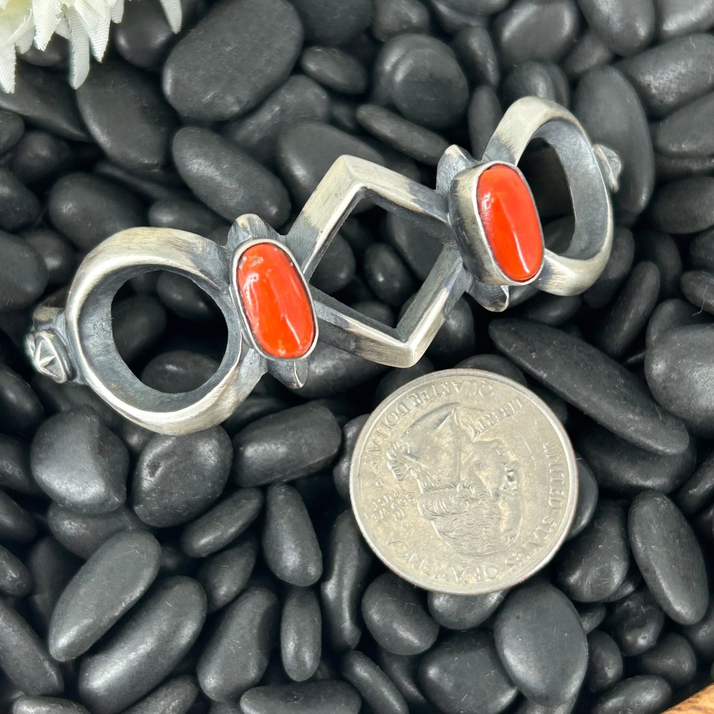 Navajo Sterling Silver Red Coral Cuff Bracelet - Bracelets - Chimney Butte - Turquoise Sunset!