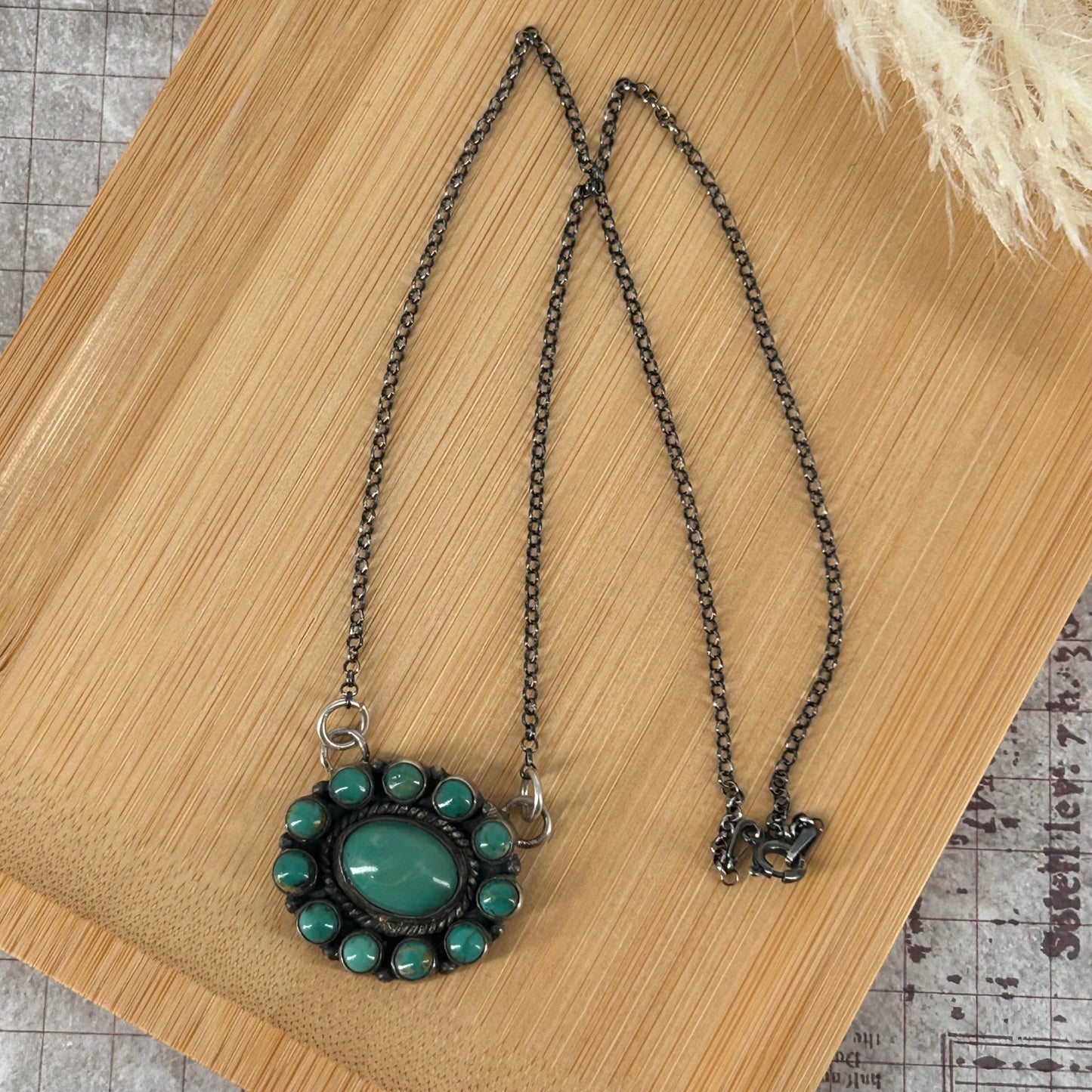 Sterling Silver Kingman Turquoise Green 12 Stone Cluster Necklace - Necklace - Turquoise Sunset!
