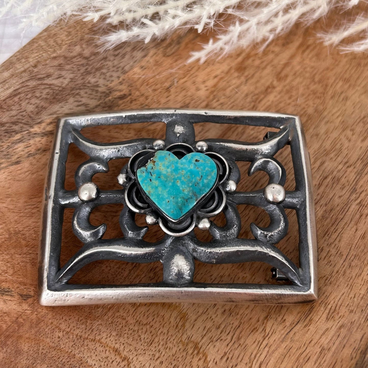 Navajo Sterling Silver Kingman Turquoise Heart Belt Buckle - Belt Buckles - Chimney Butte - Turquoise Sunset!