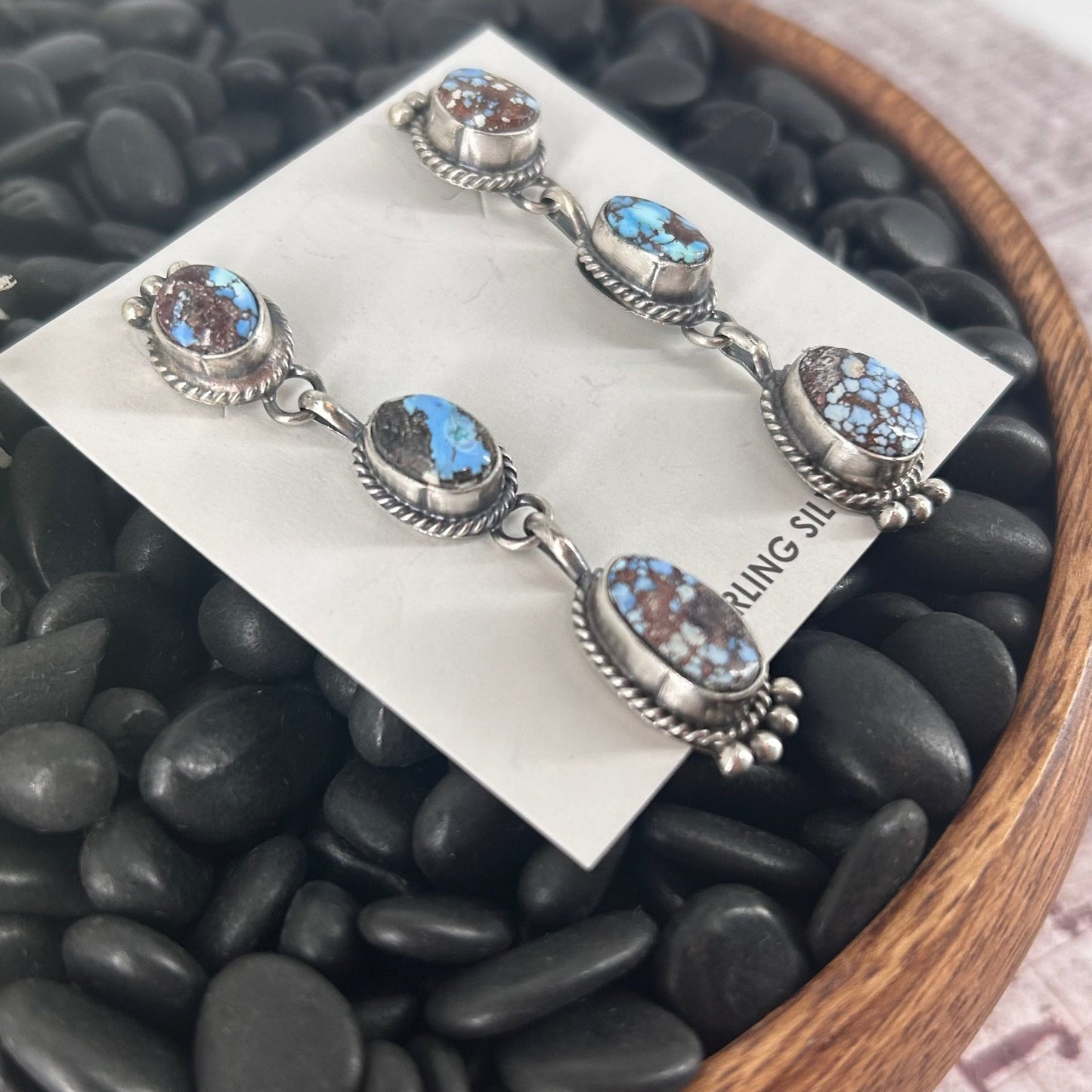 Navajo Sterling Silver Golden Hills Turquoise Dangle Earrings - Earrings - Freda Martinez - Turquoise Sunset!