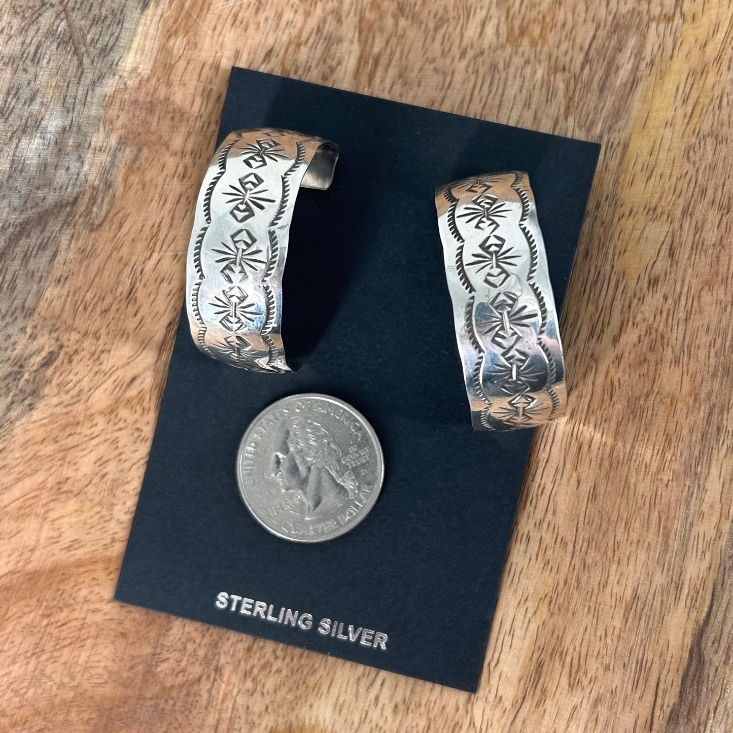 Navajo Sterling Silver Stamped 1.5 inch Hoop Earrings - Chimney Butte - Turquoise Sunset!