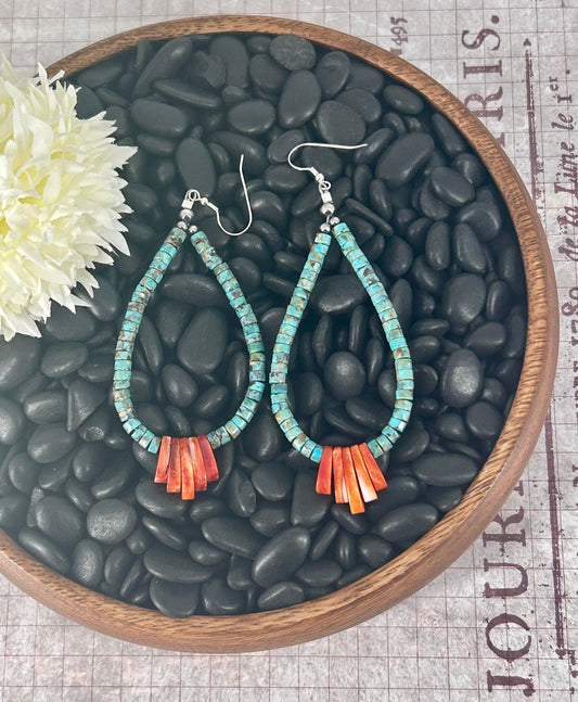 Kingman Turquoise Heishi & Spiny Oyster Dangle Earrings - Turquoise Sunset!