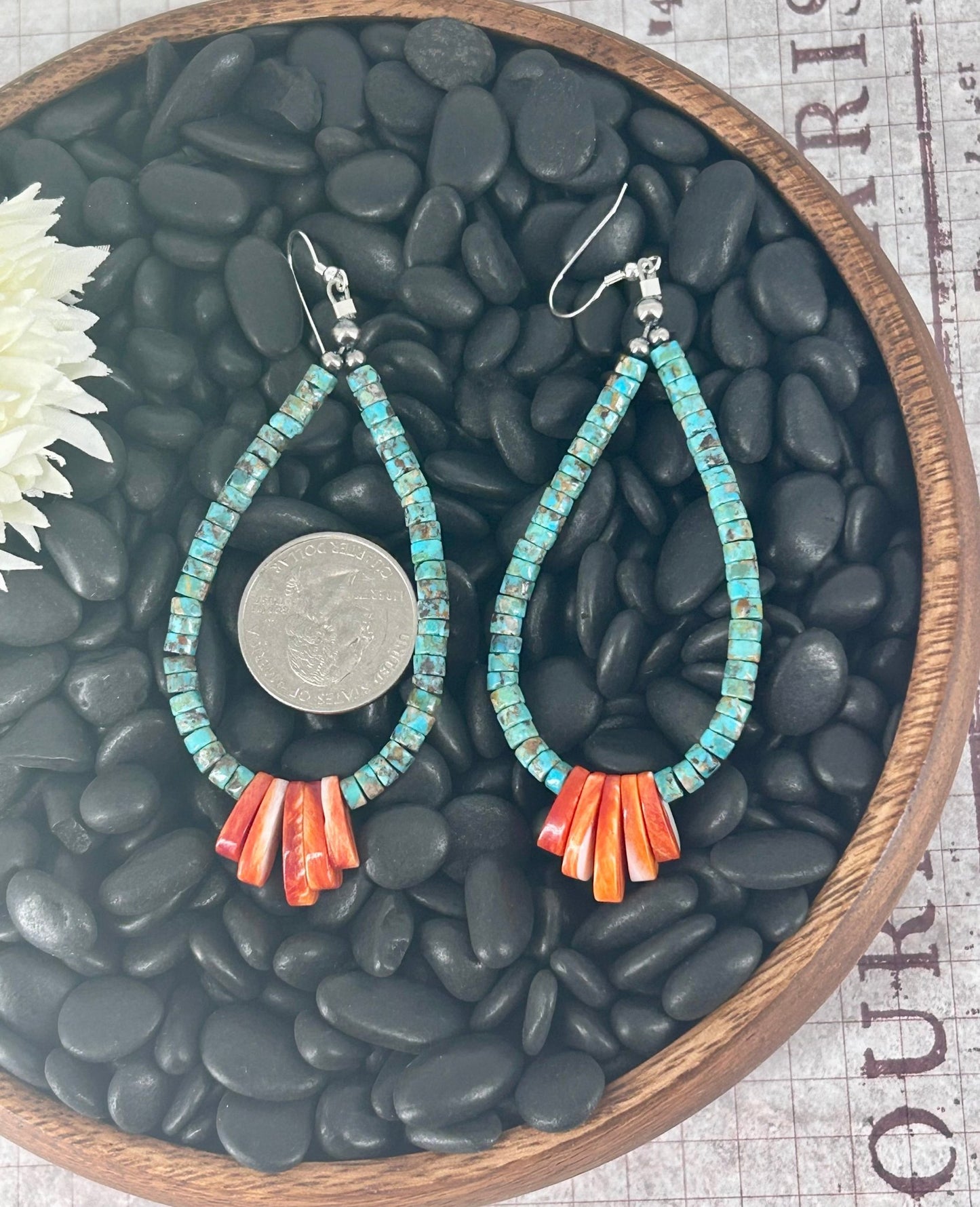 Kingman Turquoise Heishi & Spiny Oyster Dangle Earrings - Turquoise Sunset!
