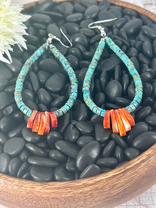 Kingman Turquoise Heishi & Spiny Oyster Dangle Earrings - Turquoise Sunset!
