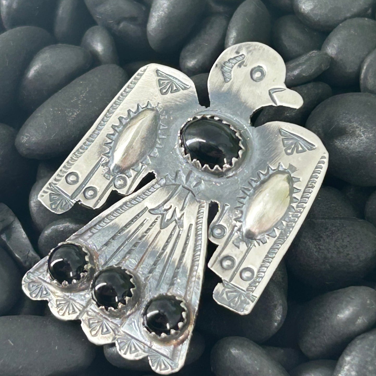 Navajo Sterling 4 Black Onyx Stone Eagle Ring - Rings - Stamped - Turquoise Sunset!