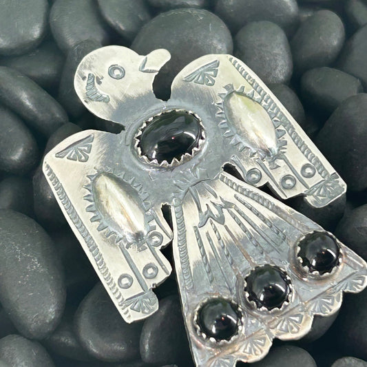 Navajo Sterling 4 Black Onyx Stone Thunderbird Ring - Tim Yazzie - Turquoise Sunset!