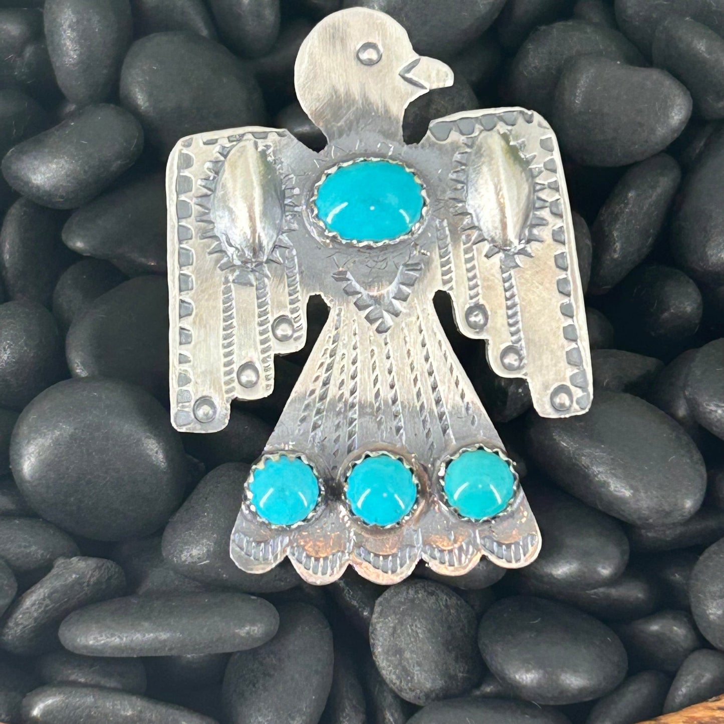 Navajo Sterling 4 Kingman Turquoise Stone Thunderbird Ring - Tim Yazzie - Turquoise Sunset!