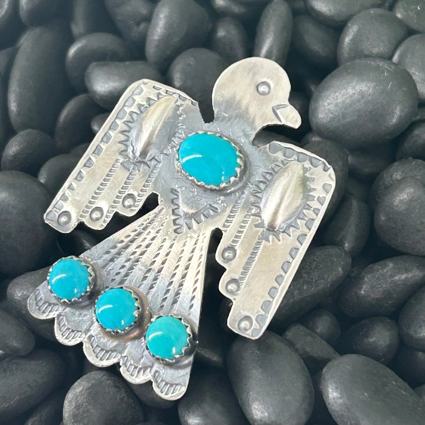 Navajo Sterling 4 Kingman Turquoise Stone Thunderbird Ring - Tim Yazzie - Turquoise Sunset!