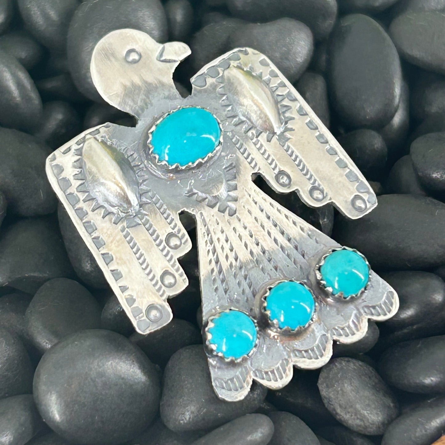 Navajo Sterling 4 Kingman Turquoise Stone Thunderbird Ring - Tim Yazzie - Turquoise Sunset!