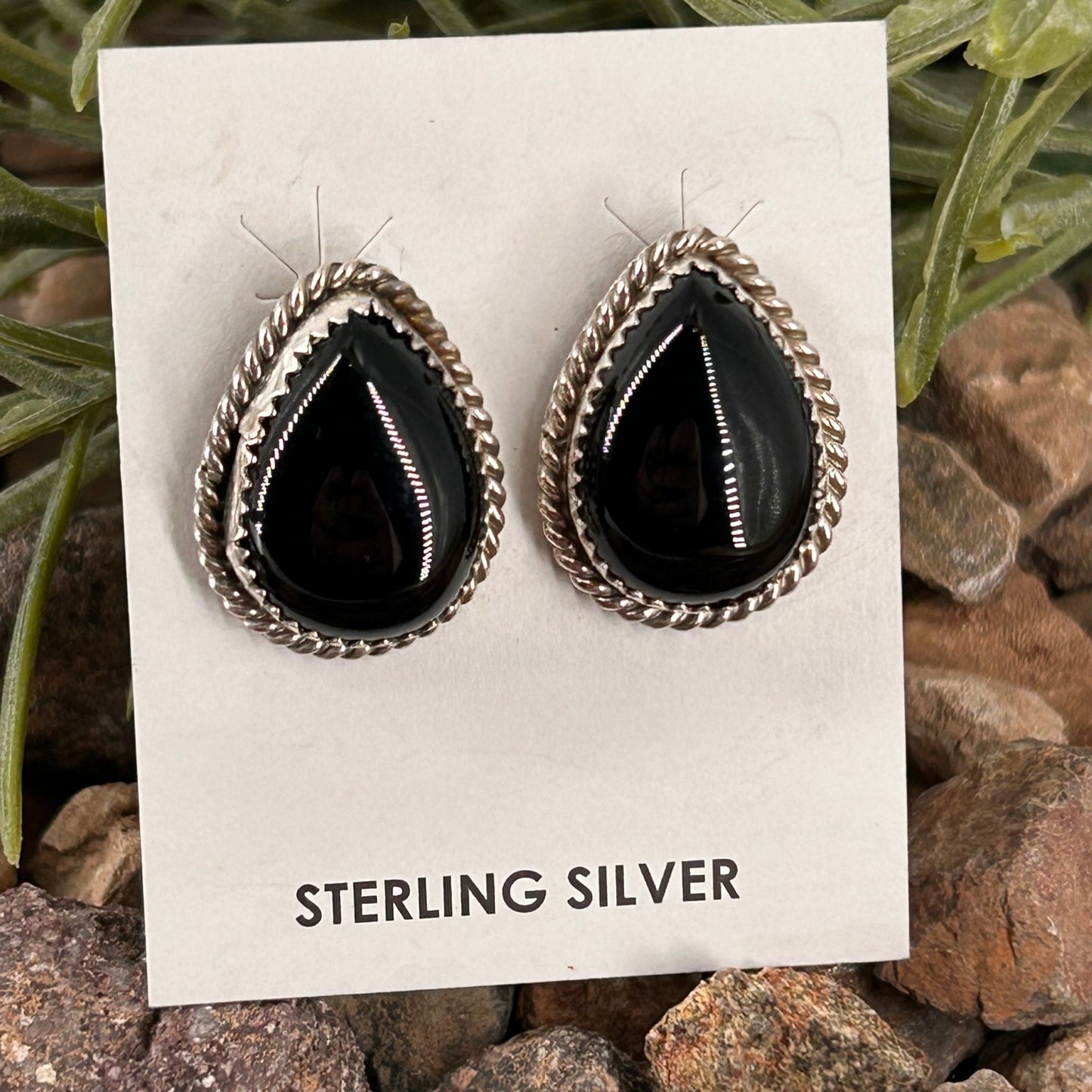 Navajo Sterling Black Onyx Braided Rope Trim Teardrop Stud Earrings - Earrings - Freda Martinez - Turquoise Sunset!