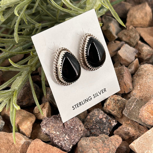 Navajo Sterling Black Onyx Braided Rope Trim Teardrop Stud Earrings - Freda Martinez - Turquoise Sunset!