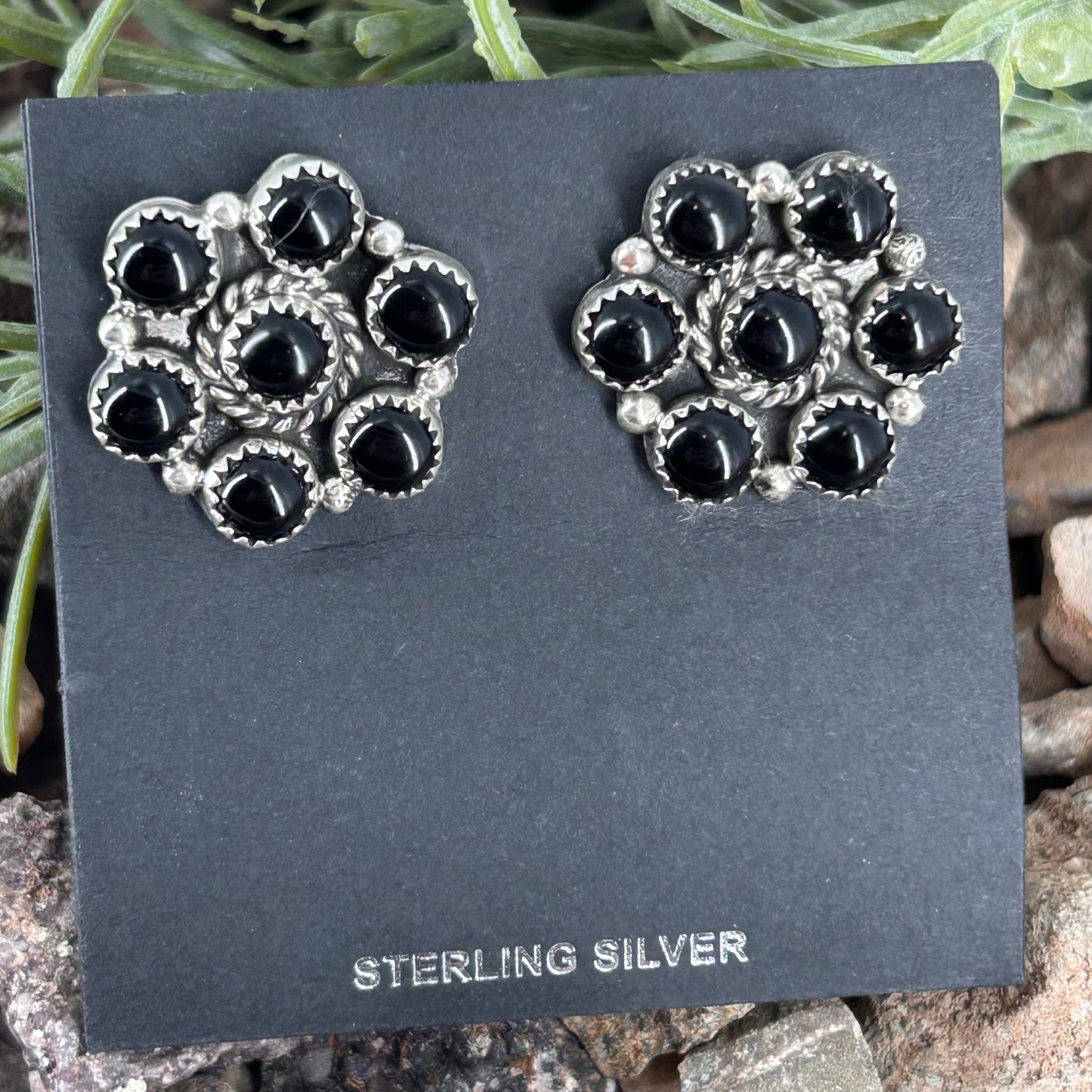 Navajo Sterling Black Onyx Flower Stud Earring - Earrings - Maxine Ramirez - Turquoise Sunset!