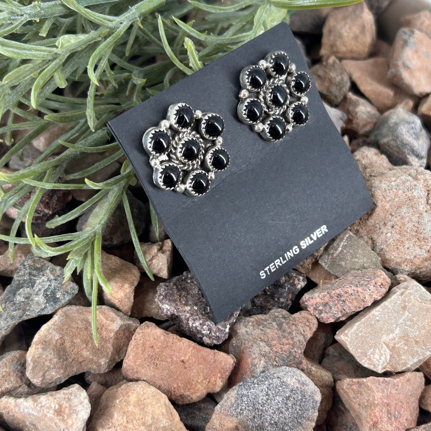 Navajo Sterling Black Onyx Flower Stud Earring - Earrings - Maxine Ramirez - Turquoise Sunset!