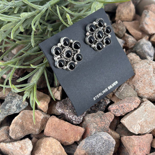 Navajo Sterling Black Onyx Flower Stud Earring - Maxine Ramirez - Turquoise Sunset!