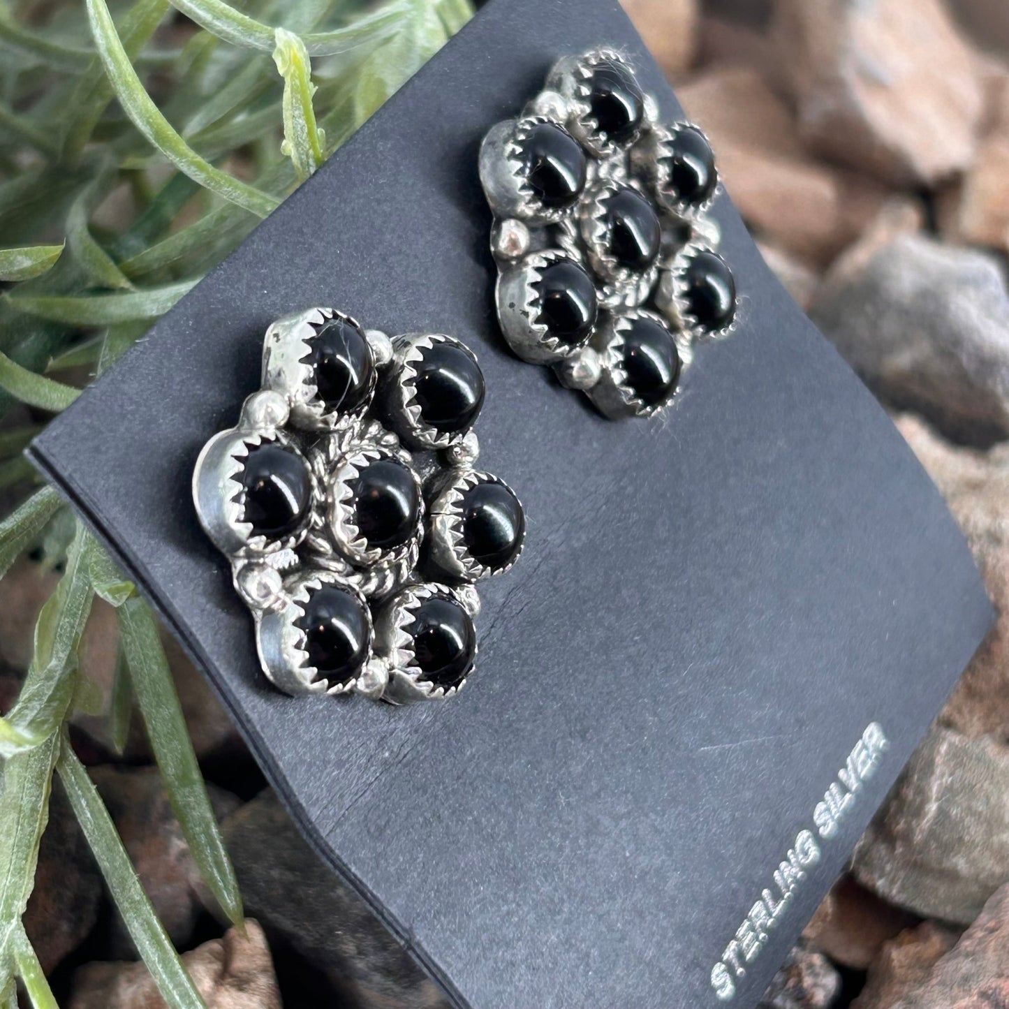 Navajo Sterling Black Onyx Flower Stud Earring - Earrings - Maxine Ramirez - Turquoise Sunset!