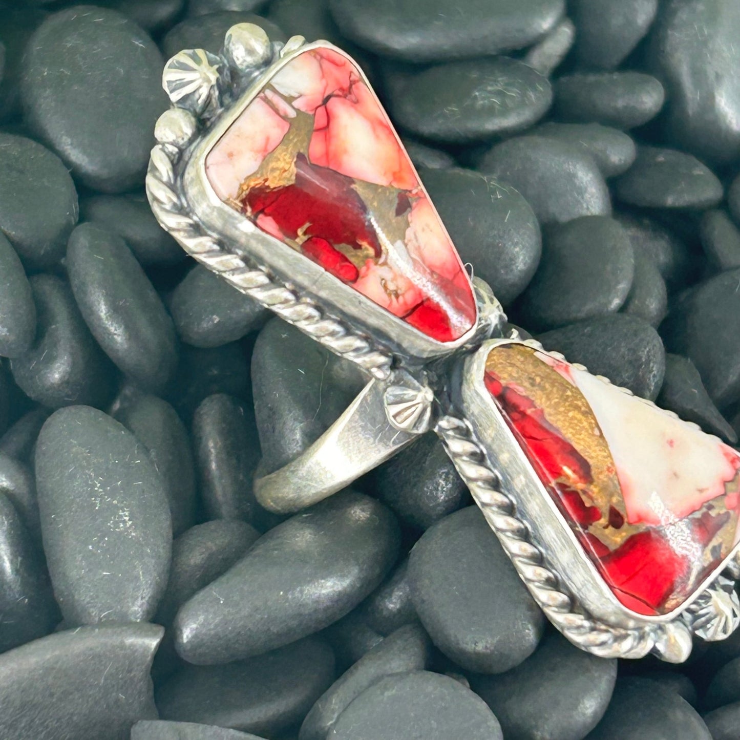 Navajo Sterling Dahlia Braided Rope Trim Bowtie Ring - Rings - Eugene Belone - Turquoise Sunset!
