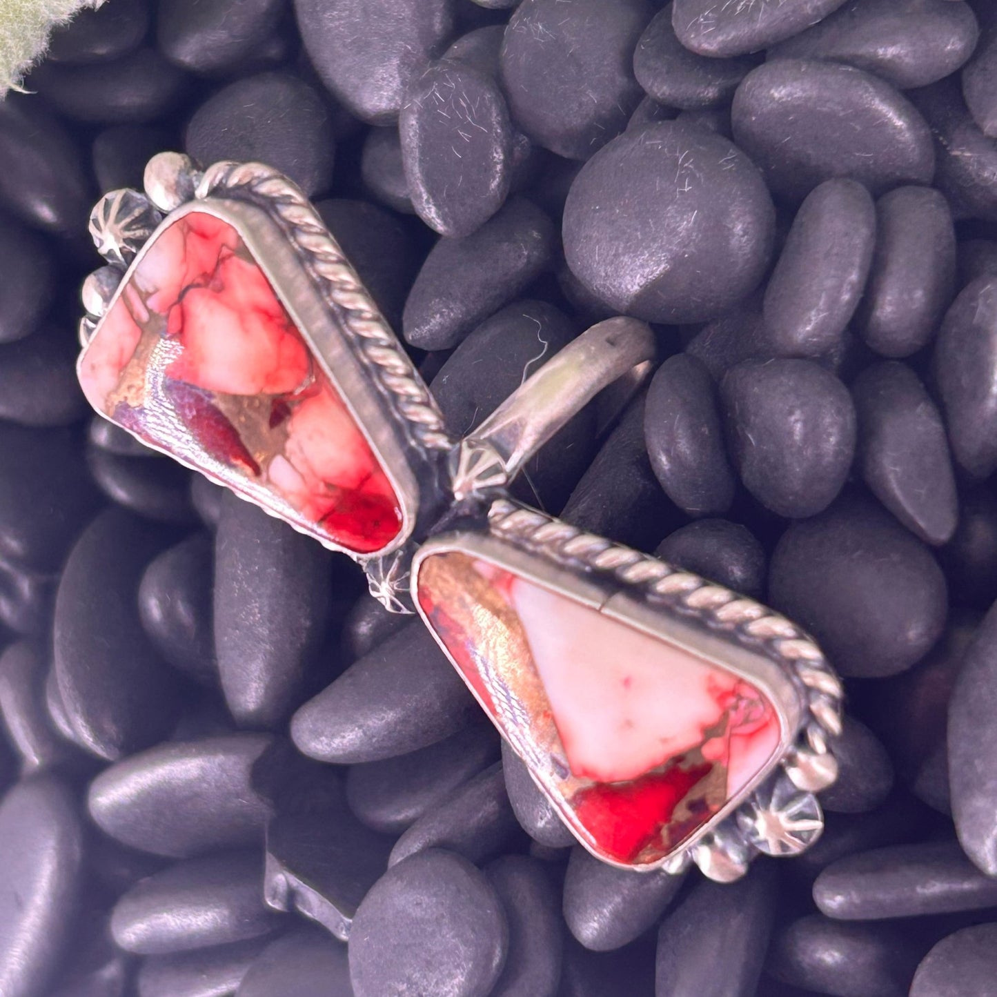Navajo Sterling Dahlia Braided Rope Trim Bowtie Ring - Rings - Eugene Belone - Turquoise Sunset!