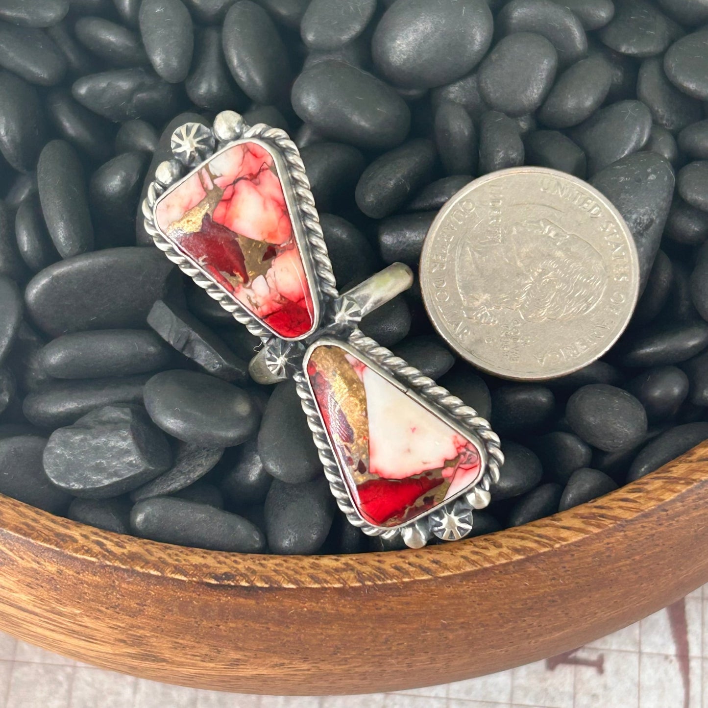 Navajo Sterling Dahlia Braided Rope Trim Bowtie Ring - Rings - Eugene Belone - Turquoise Sunset!