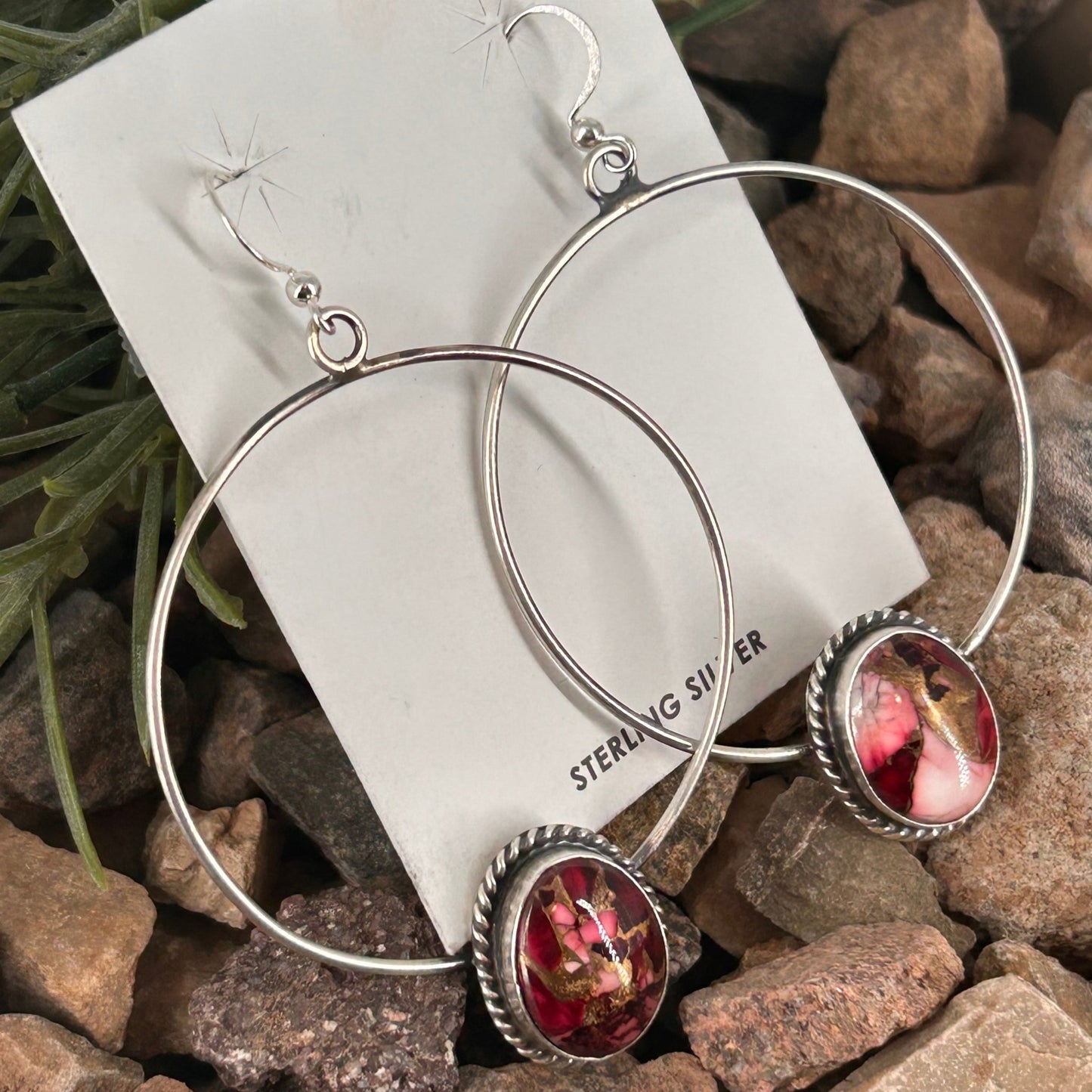 Navajo Sterling Dahlia Braided Rope Trim Hoop Egg Shaped Earrings - Earrings - Elouise Kee - Turquoise Sunset!