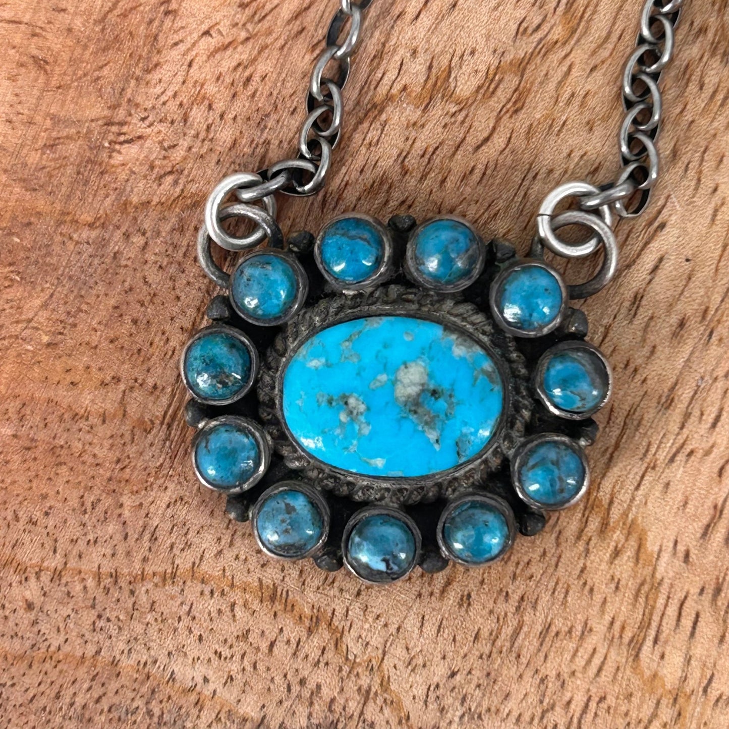Sterling Silver Kingman Turquoise 12 Stone Necklace - Necklace - Stamped - Turquoise Sunset!