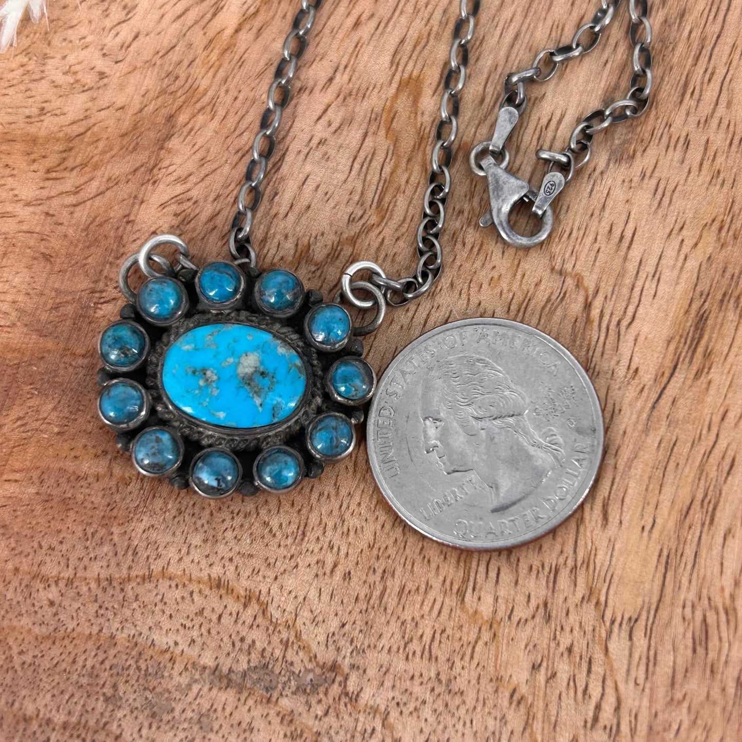 Sterling Silver Kingman Turquoise 12 Stone Necklace - Stamped - Turquoise Sunset!