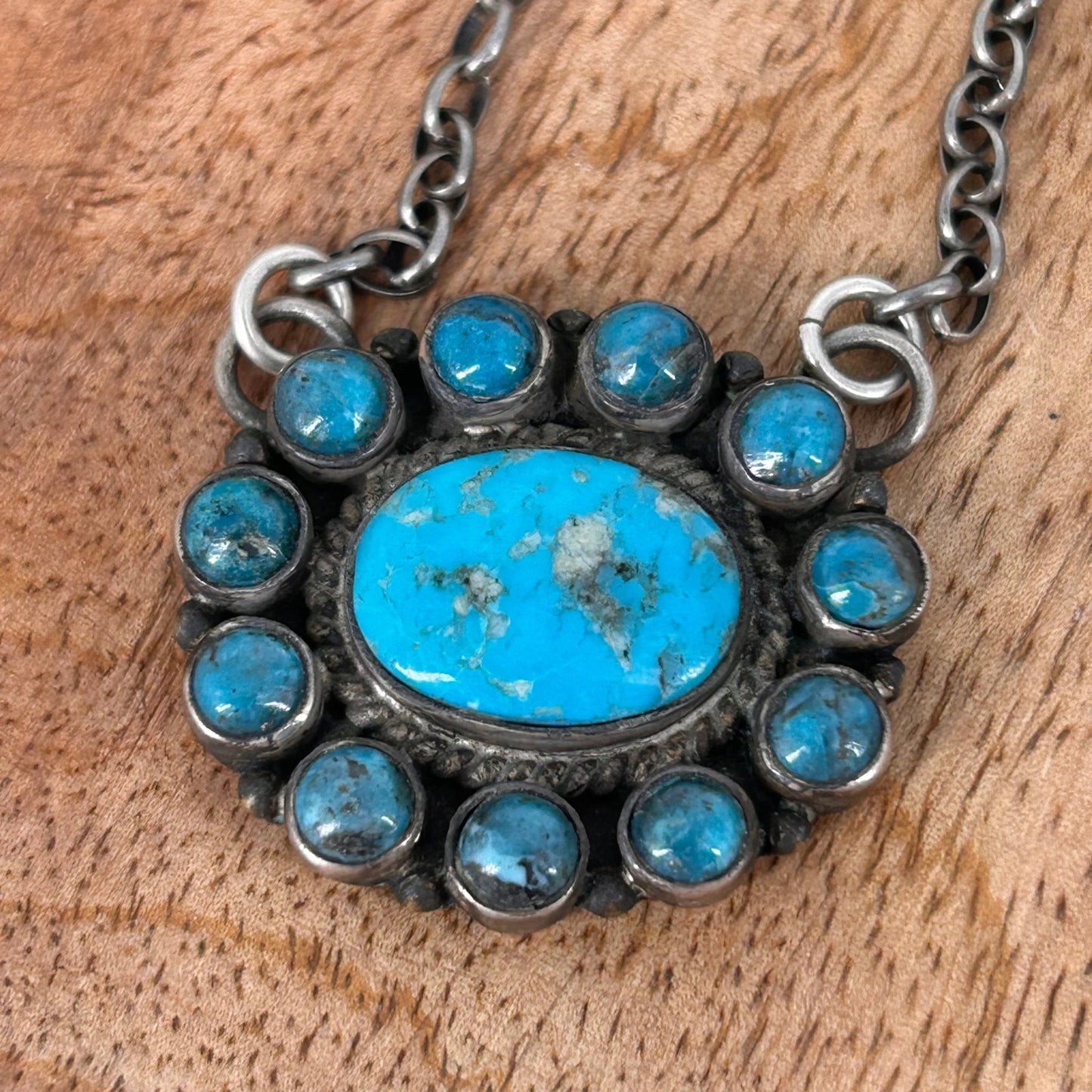 Sterling Silver Kingman Turquoise 12 Stone Necklace - Necklace - Stamped - Turquoise Sunset!