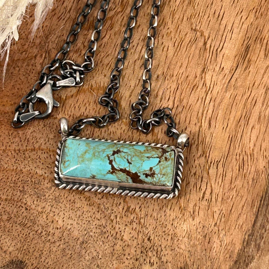 Navajo Sterling Kingman Turquoise 1.25" Bar Necklace - Elouise Kee - Turquoise Sunset!