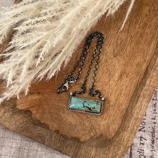 Navajo Sterling Kingman Turquoise 1.25" Bar Necklace - Elouise Kee - Turquoise Sunset!