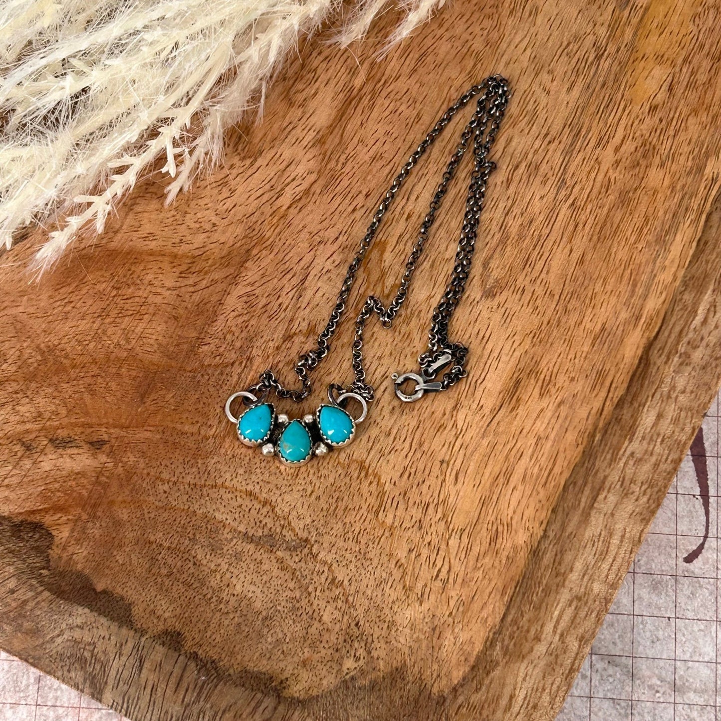 Navajo Sterling Kingman Turquoise 3 Stone Teardrop Necklace - Necklace - Stamped - Turquoise Sunset!