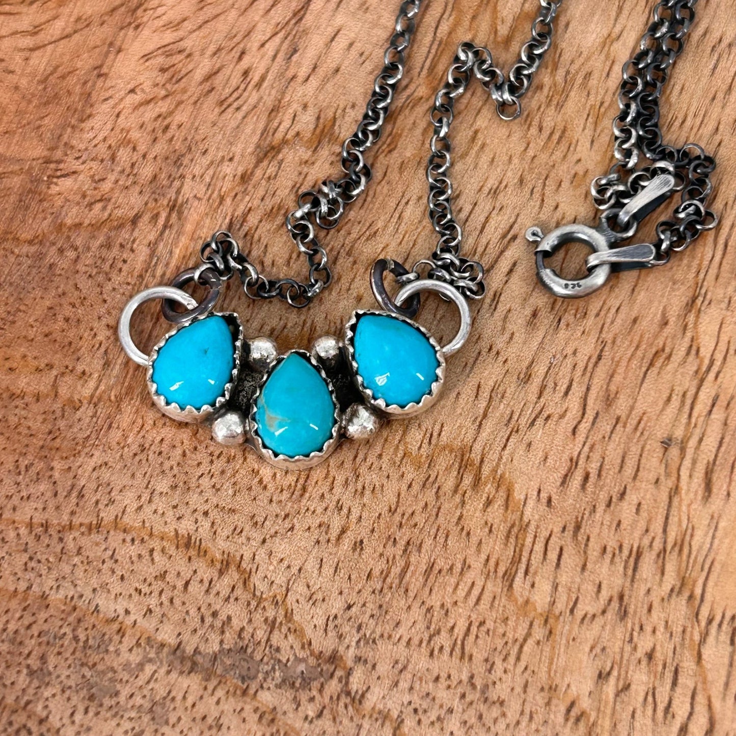Navajo Sterling Kingman Turquoise 3 Stone Teardrop Necklace - Necklace - Stamped - Turquoise Sunset!